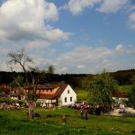 U Báby Lišků stojí májka. Vztyčili ji muži v krojích