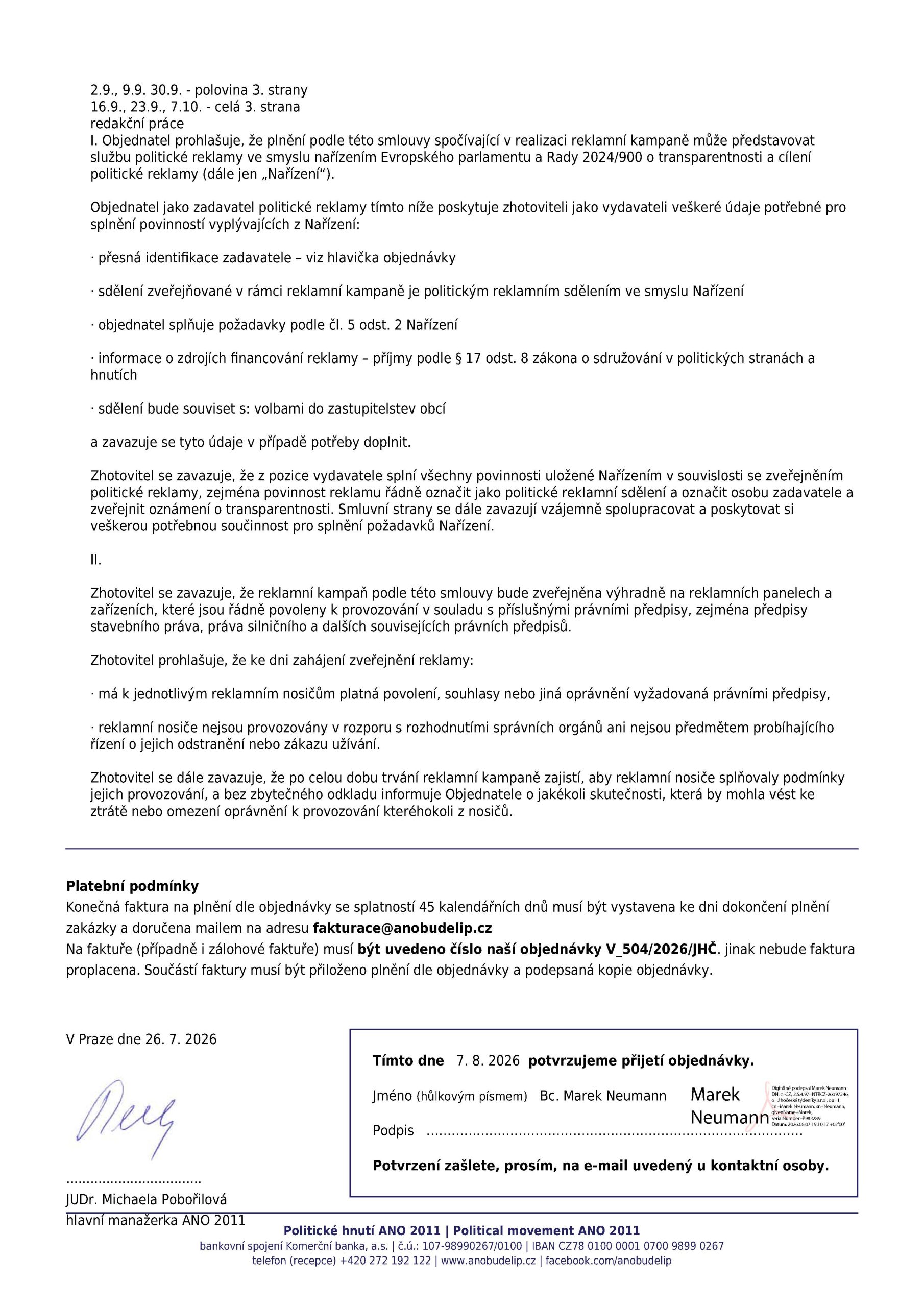 Oznámení zadavatelů politické reklamy v Jihočeských týdenících pro volby 2026 ANO - Jižní Čechy Teď!
