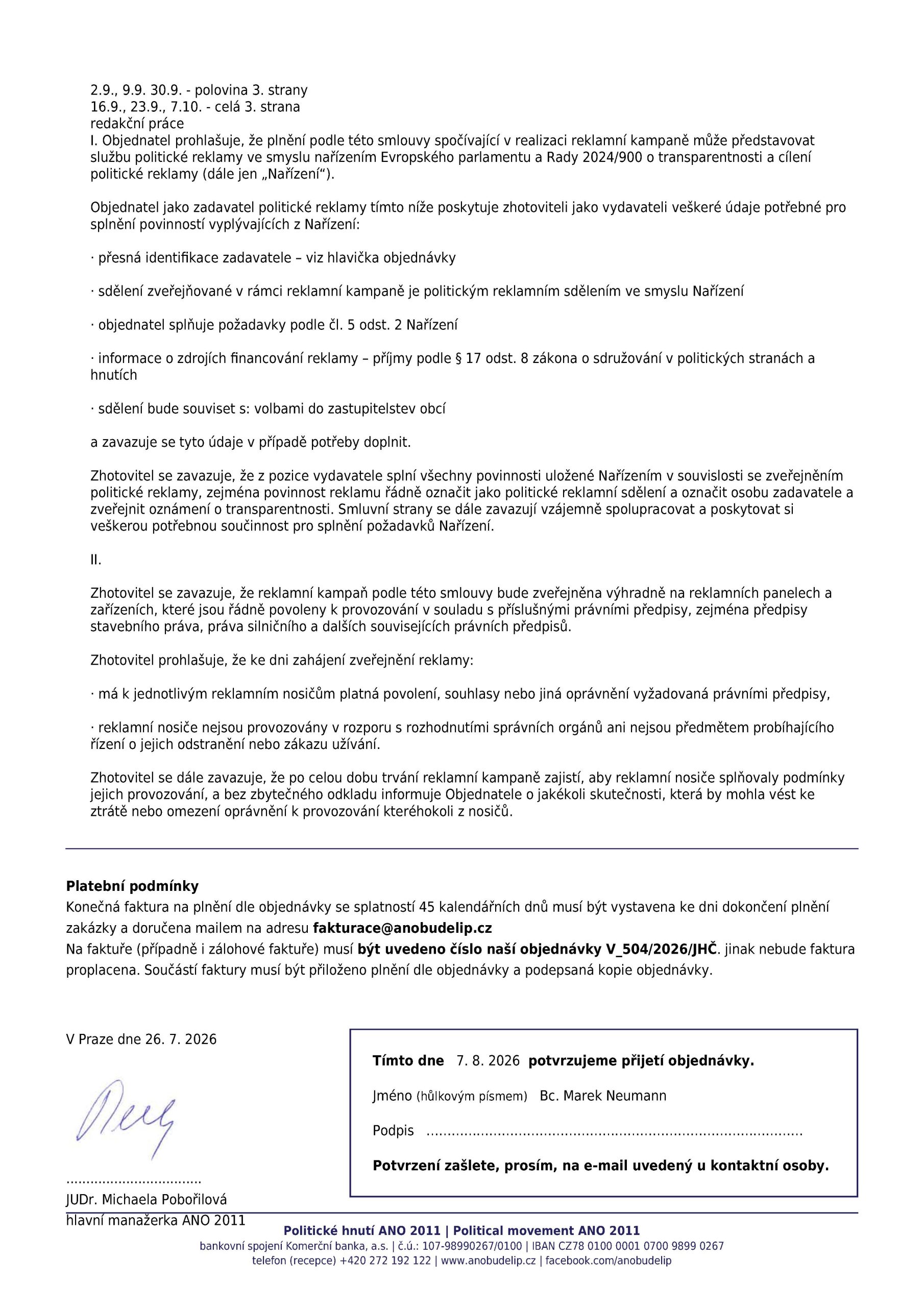 Oznámení zadavatelů politické reklamy v Jihočeských týdenících pro volby 2026 ANO 2011 TA - Jižní Čechy Teď!