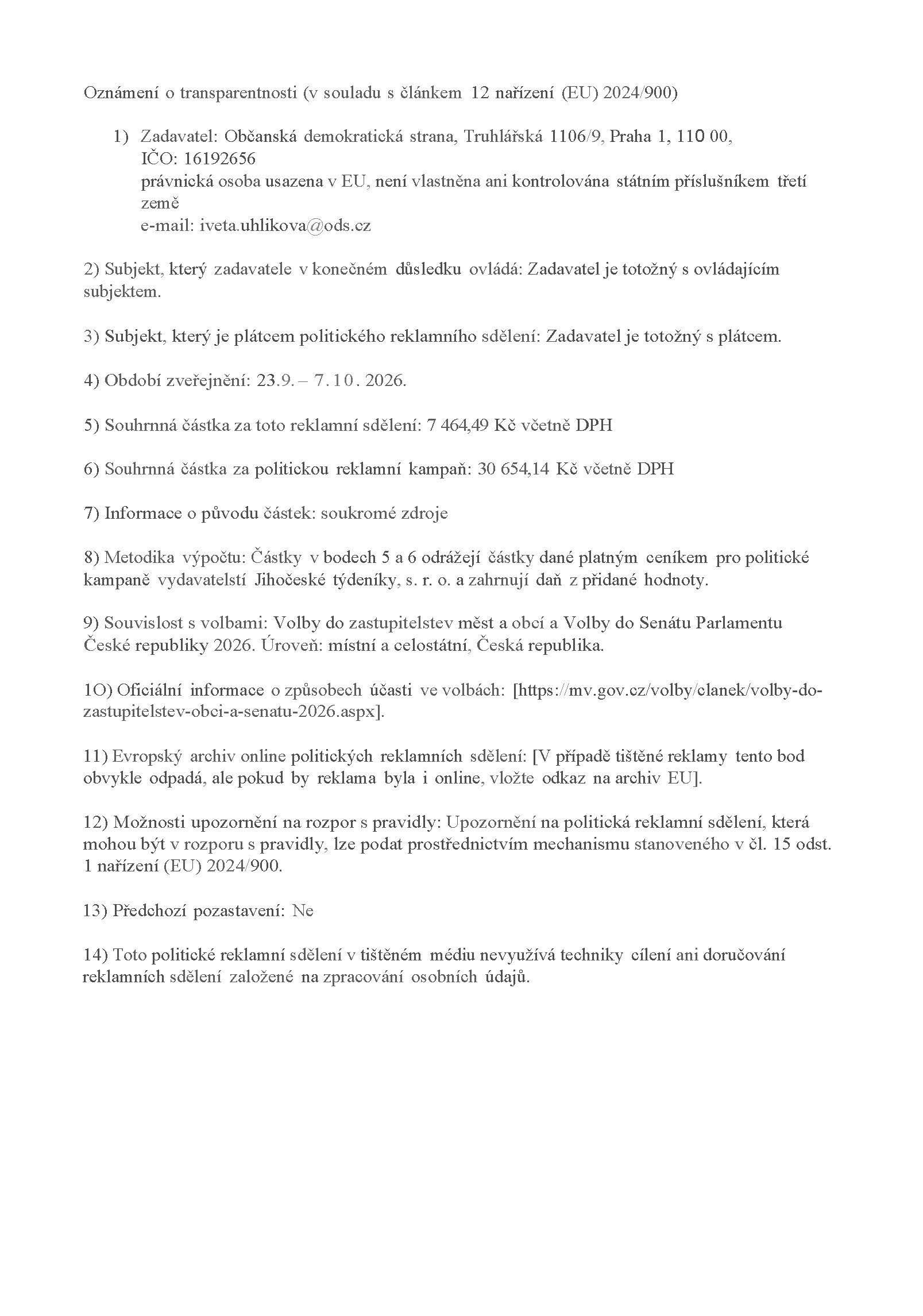 Oznámení zadavatelů politické reklamy v Jihočeských týdenících pro volby 2026 ODS MN 37 - Jižní Čechy Teď!