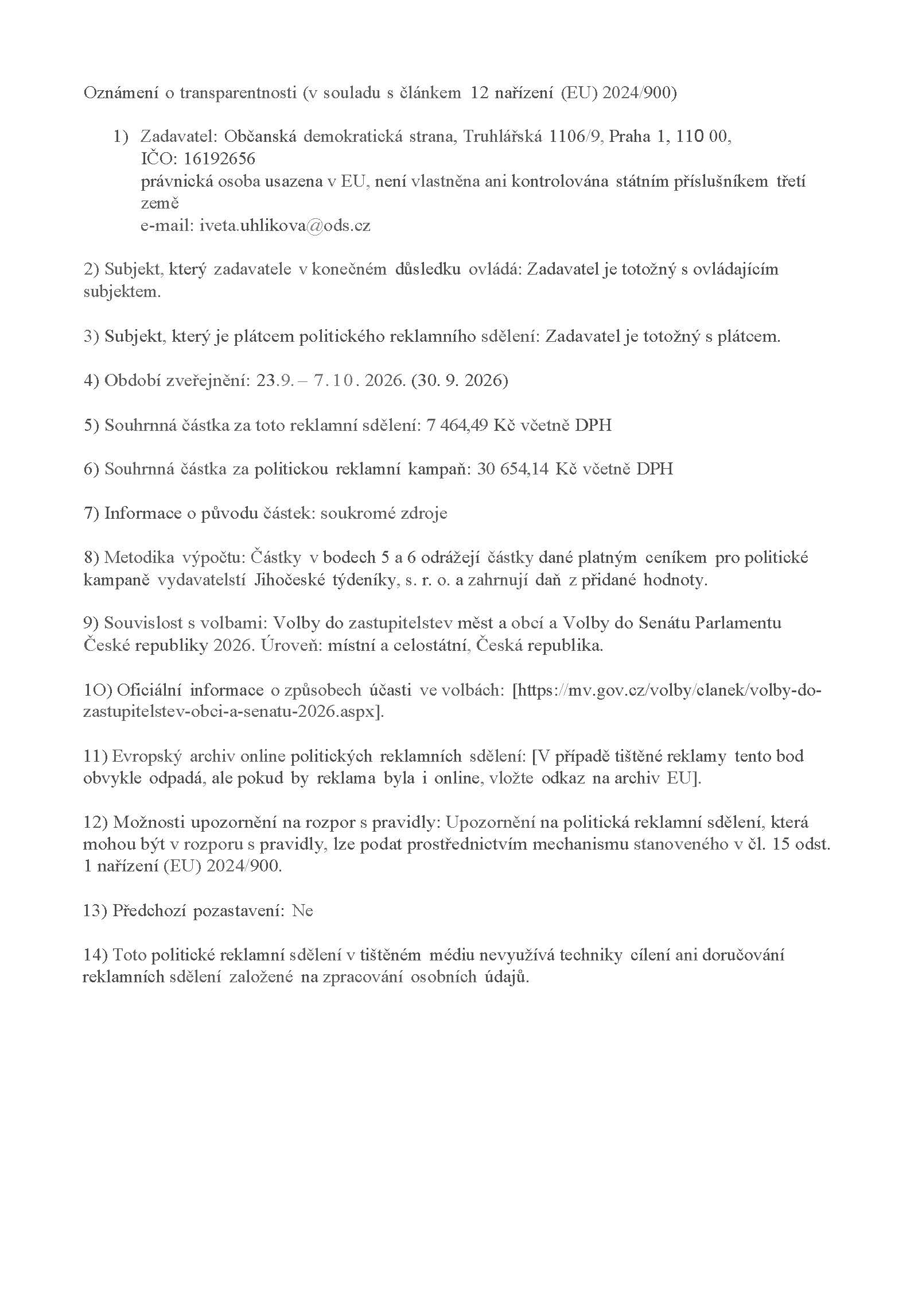 Oznámení zadavatelů politické reklamy v Jihočeských týdenících pro volby 2026 ODS MN 38 - Jižní Čechy Teď!