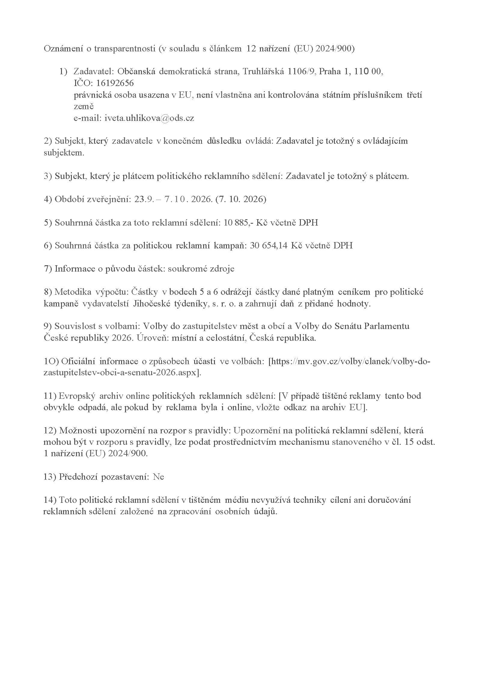 Oznámení zadavatelů politické reklamy v Jihočeských týdenících pro volby 2026 ODS MN 39 - Jižní Čechy Teď!