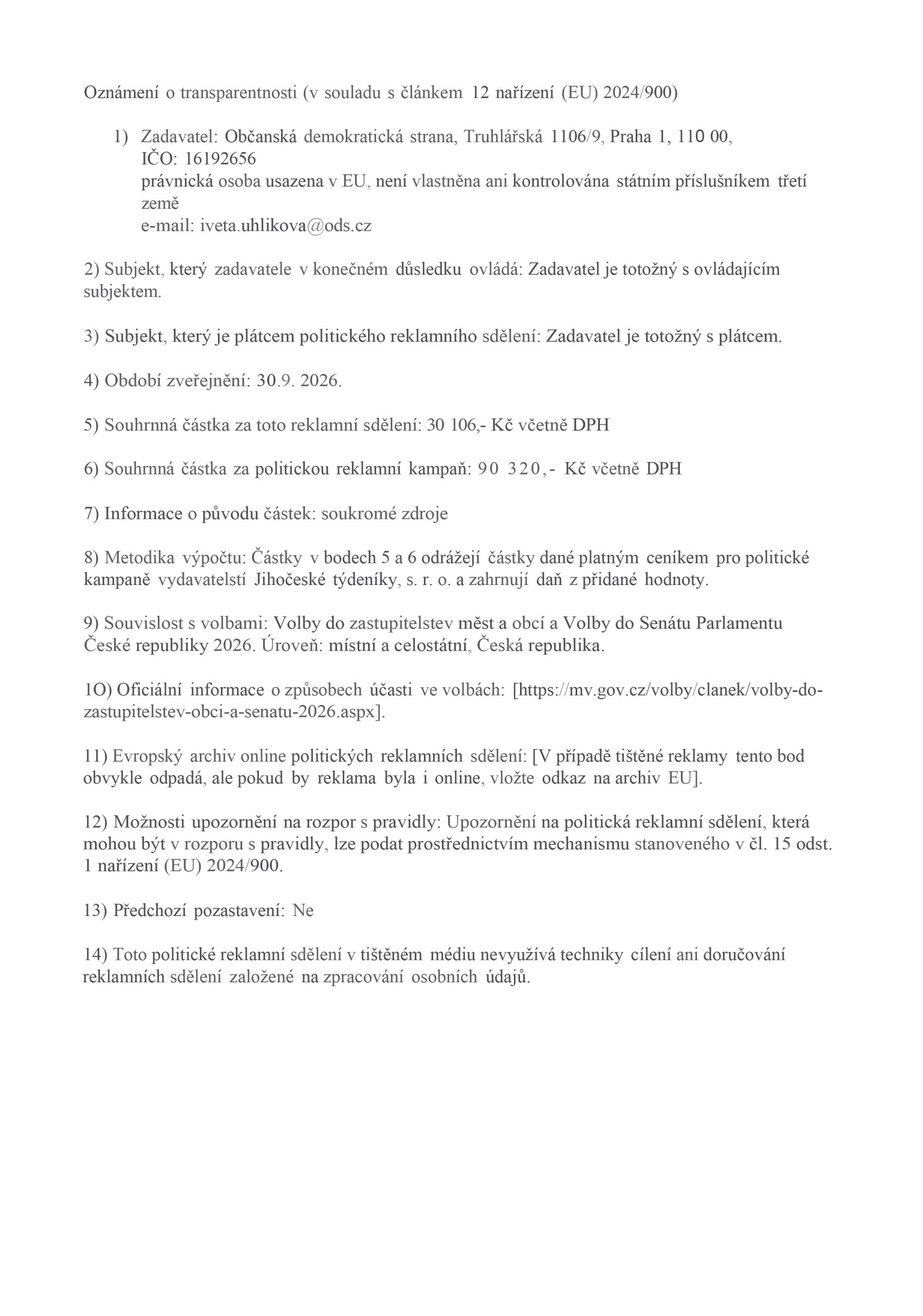 Oznámení zadavatelů politické reklamy v Jihočeských týdenících pro volby 2026 ODS TA 30.9. - Jižní Čechy Teď!