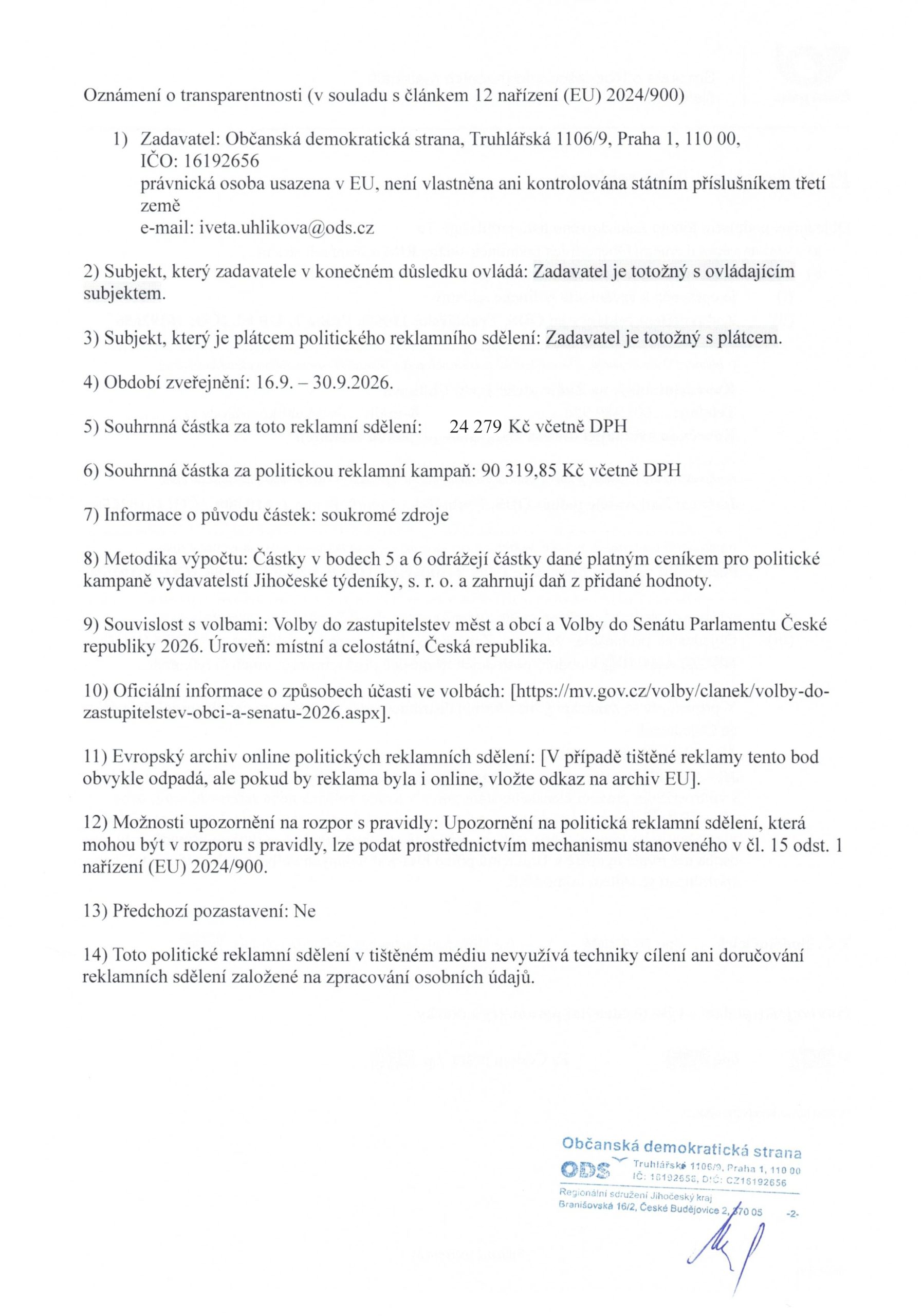Oznámení zadavatelů politické reklamy v Jihočeských týdenících pro volby 2026 ODS TA - Jižní Čechy Teď!