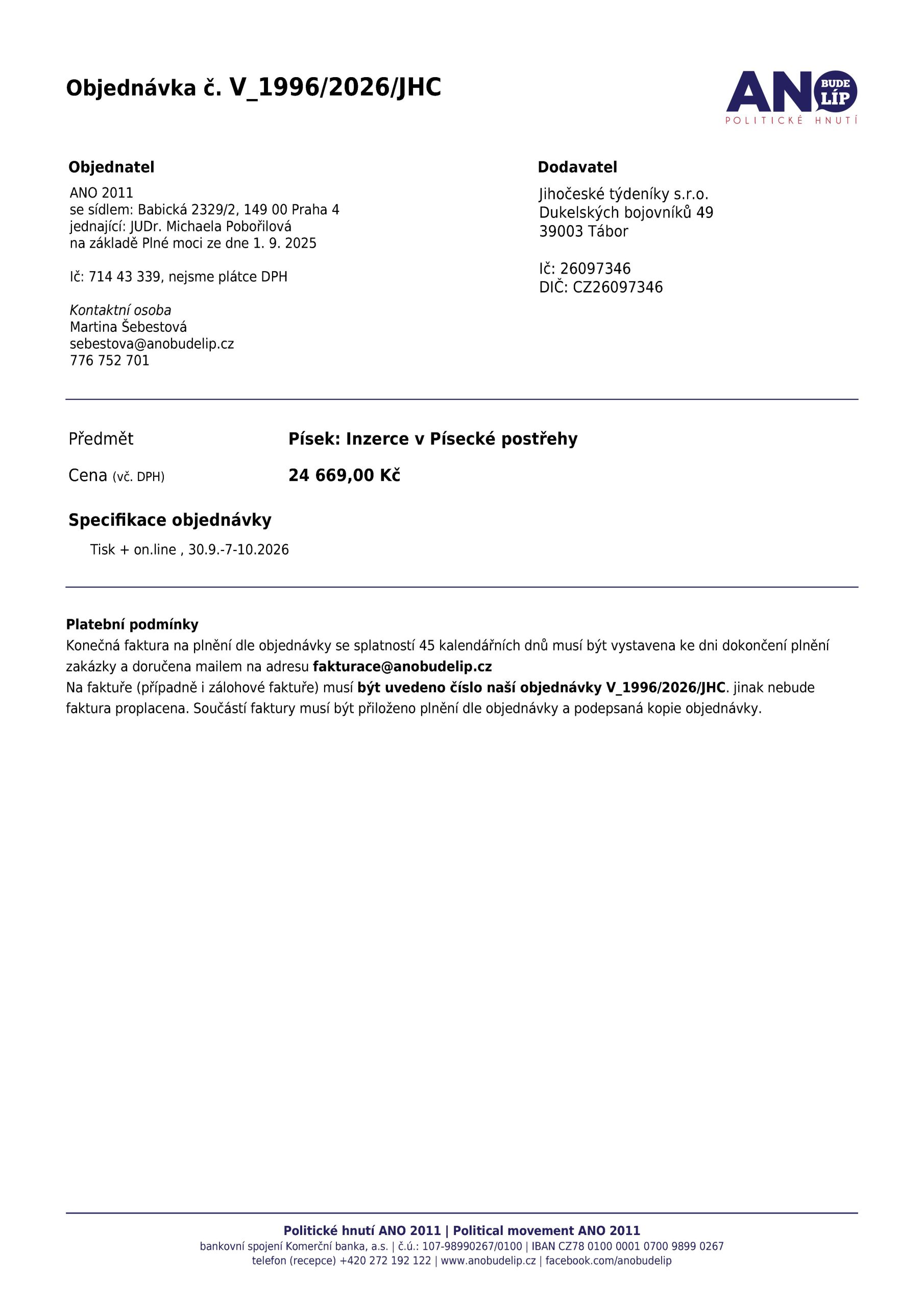 Oznámení zadavatelů politické reklamy v Jihočeských týdenících pro volby 2026 ANO 2011 Čapek 38 - Jižní Čechy Teď!