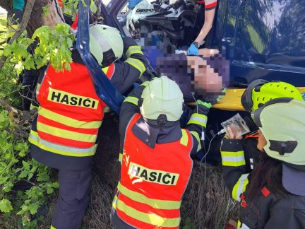 Při čelním nárazu dodávky do stromu u Pištína se vážně zranil řidič