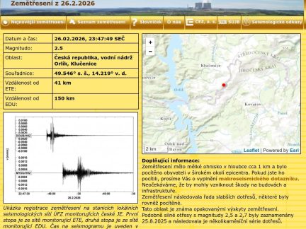 Lidi v okolí Orlíku probudilo v noci poměrně silné zemětřesení
