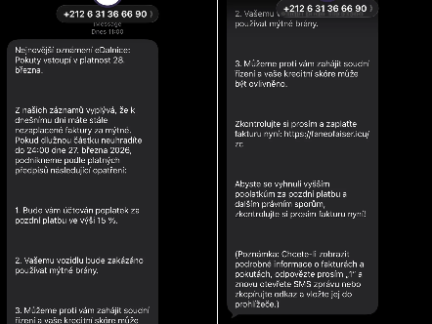 Pozor na falešné zprávy vyzývající k úhradě mýtného a pokut